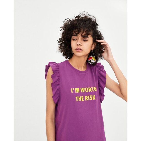 ZARA Women's Midi T-Shirt DRESS WITH FRILLS AND INSCRIPTION Violet - Picture 3 of 5